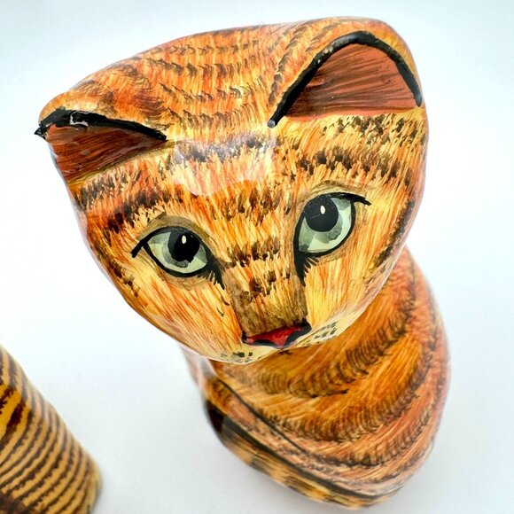 Hand-Painted Ceramic Striped Cat Figurines Set Of 2 Handmade In Kashmir Gift - Picture 6 of 14